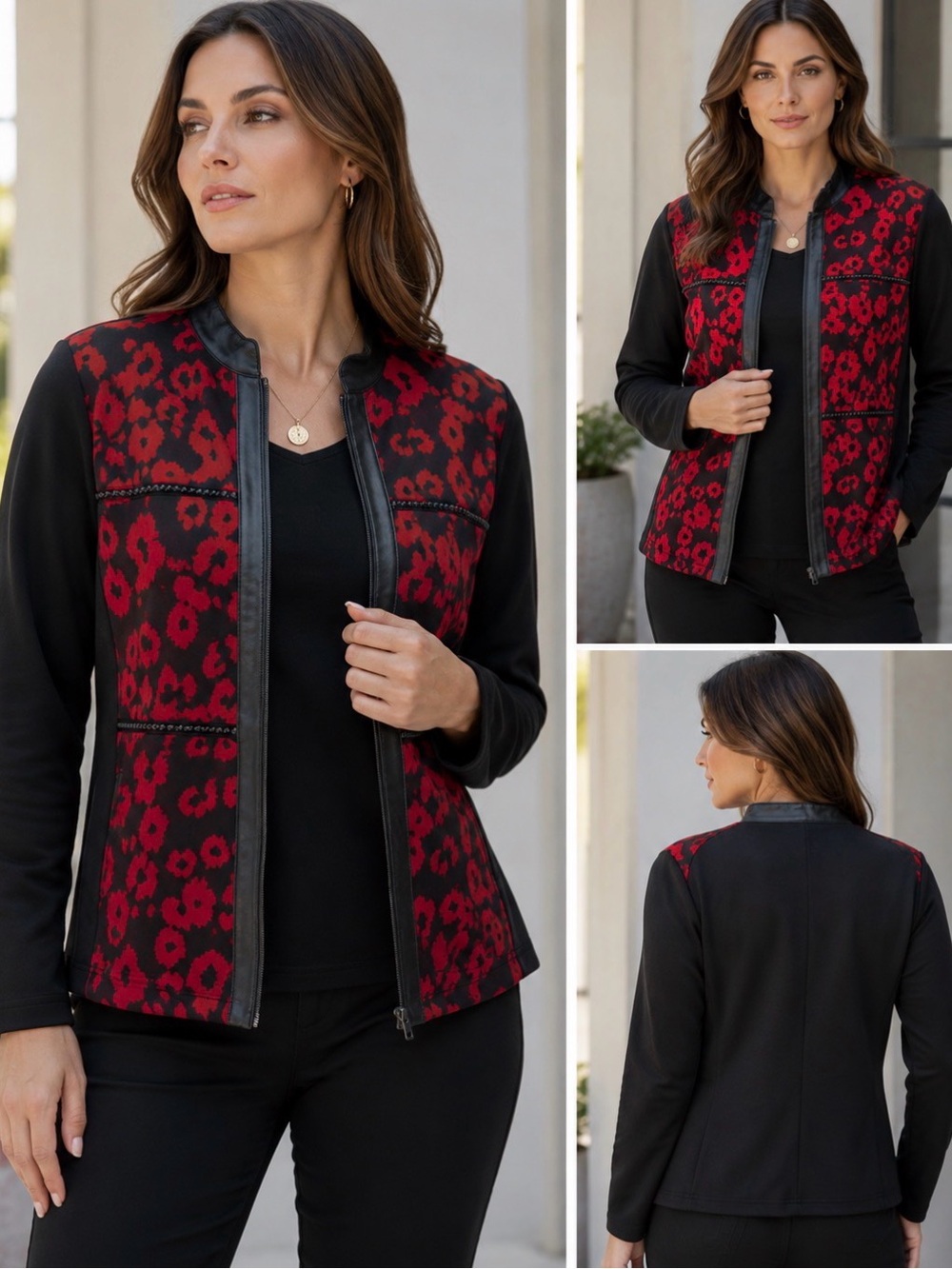Chico’s Red Leopard Print Zip Front Jacket Size 2